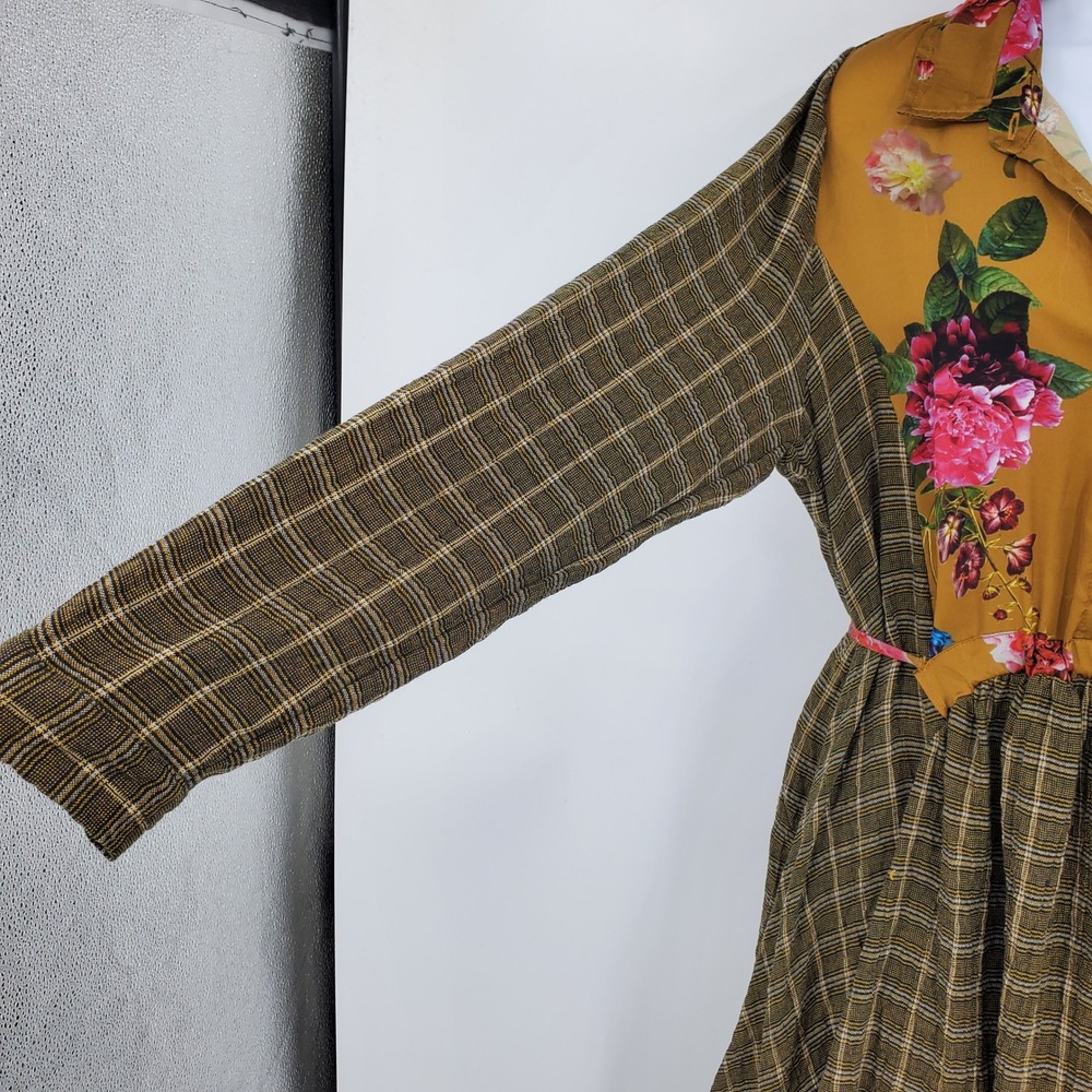Alembika Floral Plaid Mixed Media Midi Dress Brown 4 Lagenlook Artsy Cottagecore - Picture 11 of 13